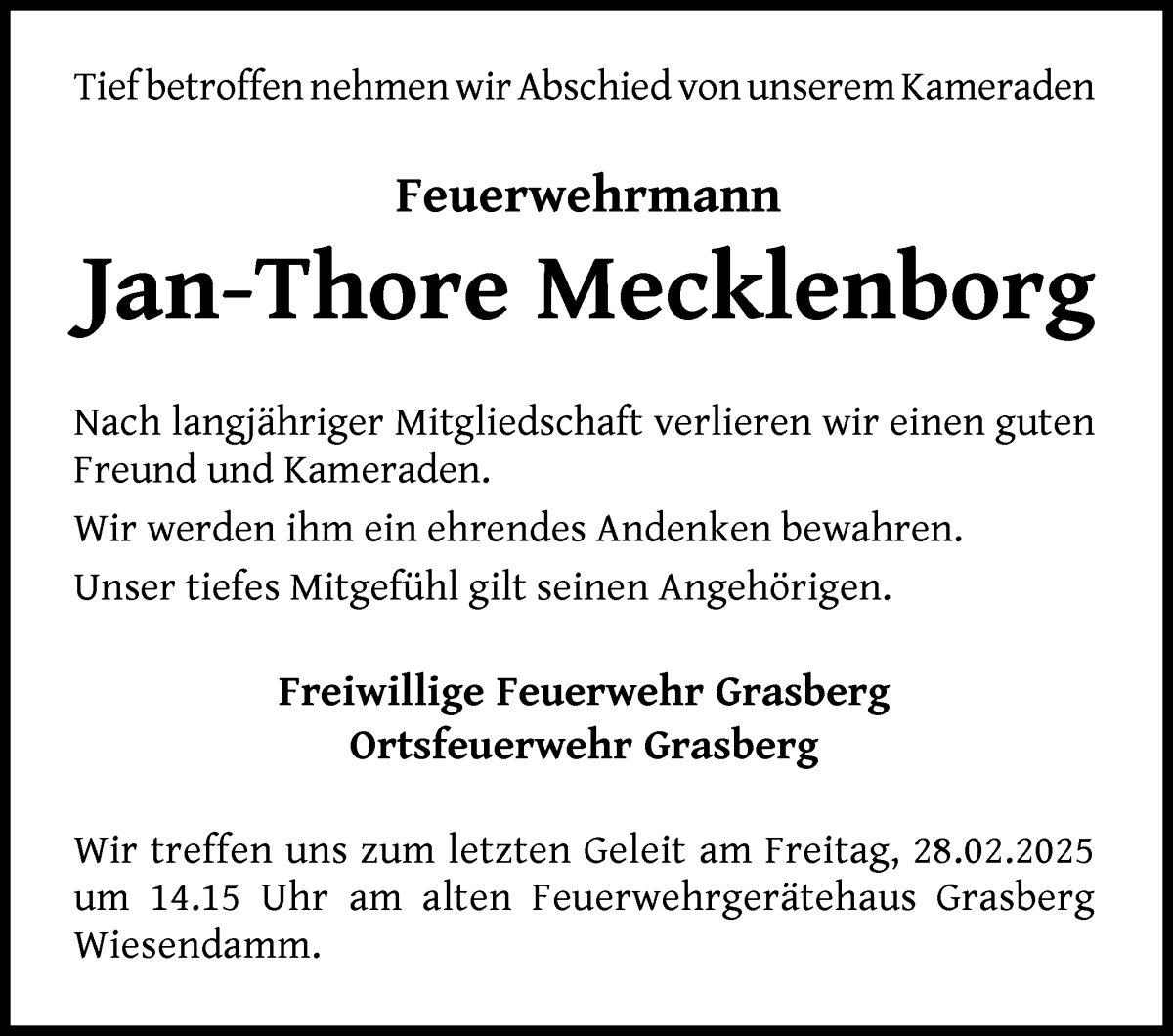 Traueranzeige von Jan-Thore Mecklenborg von Wuemme Zeitung