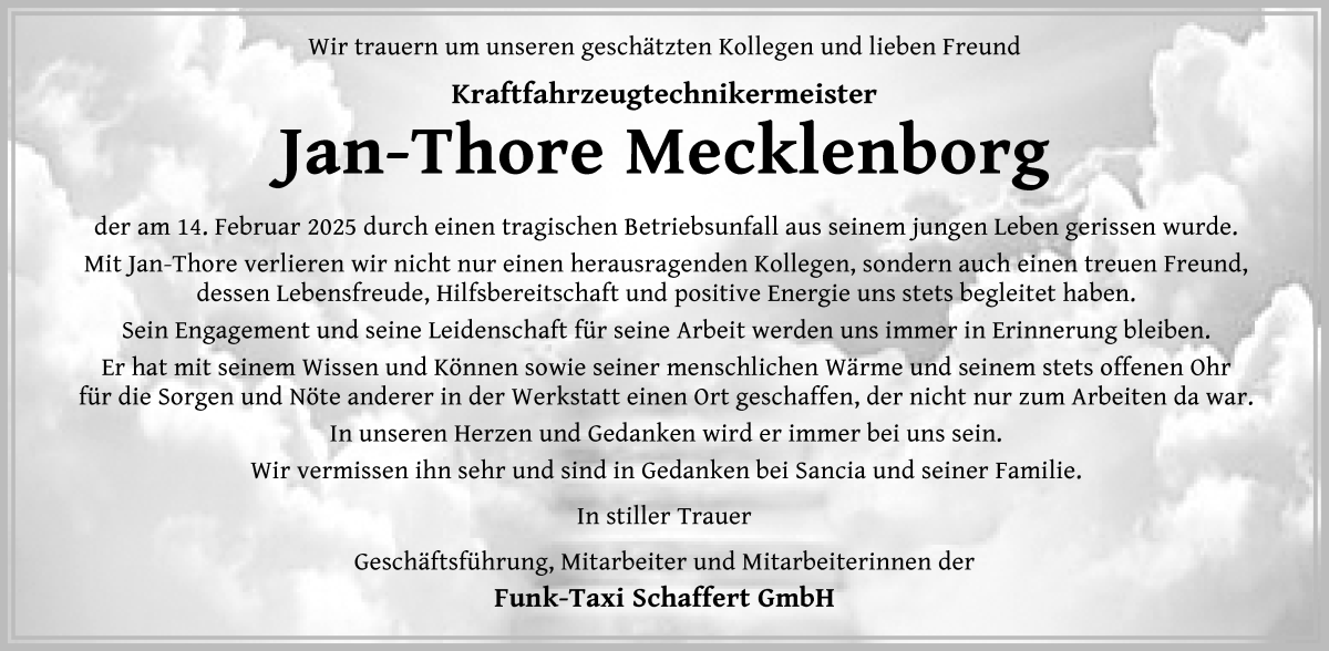 Traueranzeige von Jan-Thore Mecklenborg von Wuemme Zeitung