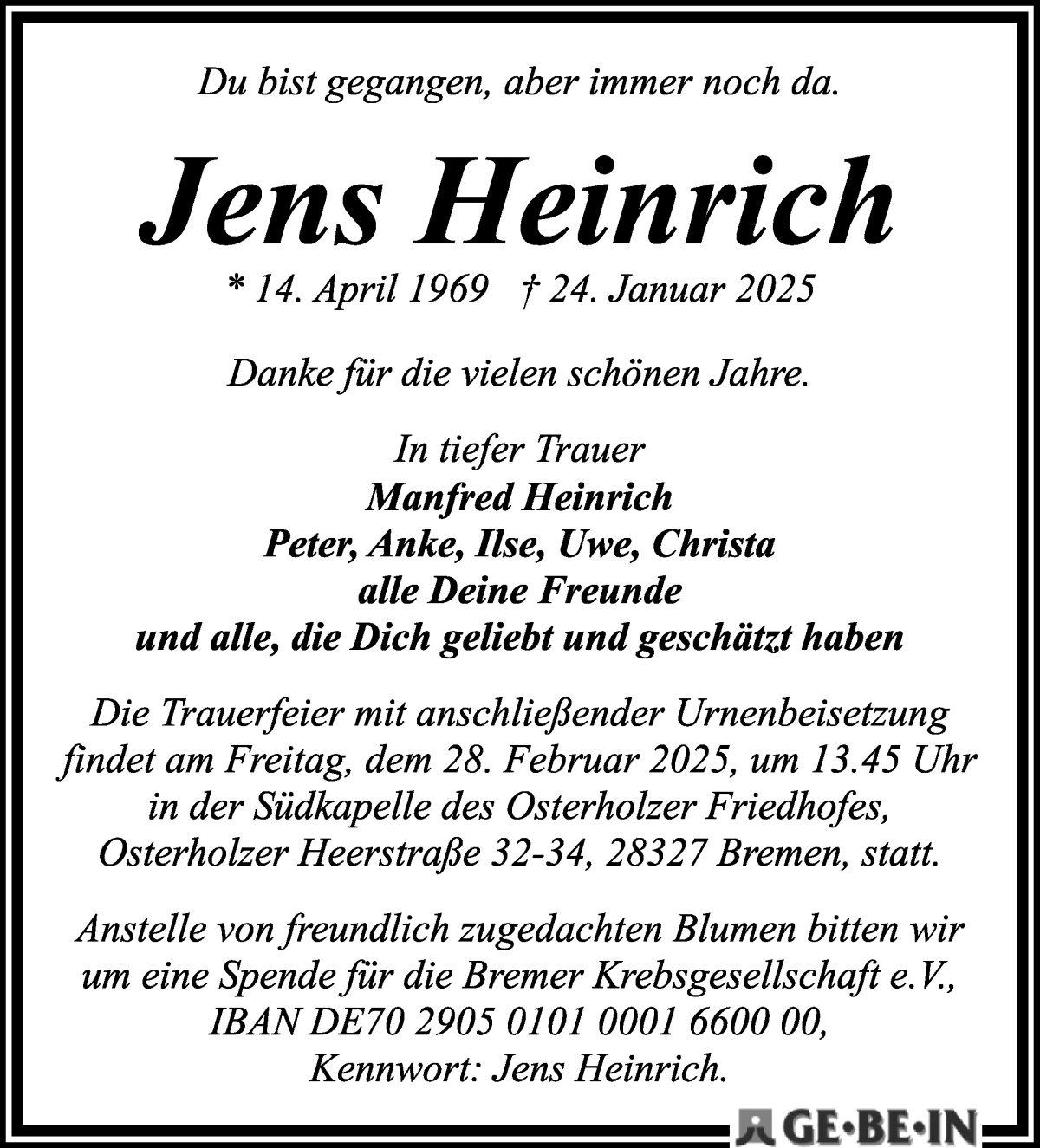 Traueranzeige von Jens Heinrich von WESER-KURIER