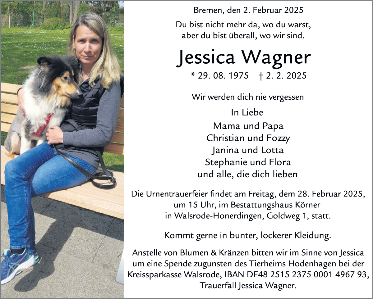 Traueranzeige von Jessica Wagner von WESER-KURIER