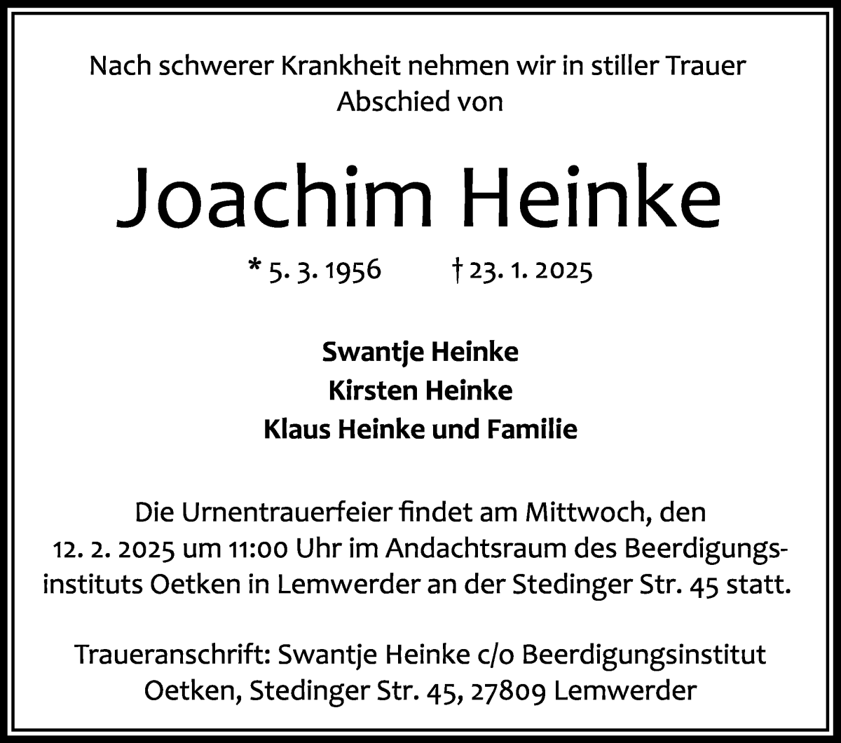 Traueranzeige von Joachim Heinke von Die Norddeutsche