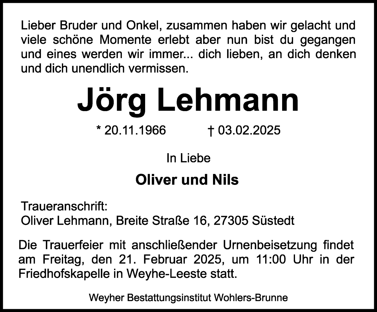 Traueranzeige von Jörg Lehmann von Wuemme Zeitung