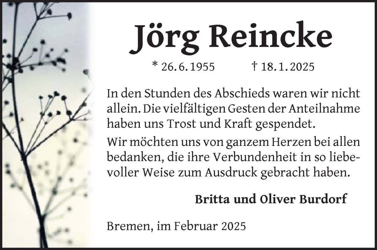 Traueranzeige von Jörg Reincke von Die Norddeutsche