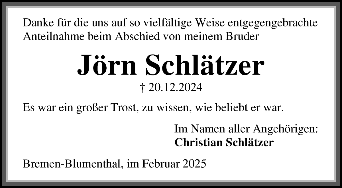 Traueranzeige von Jörn Schlätzer von Die Norddeutsche