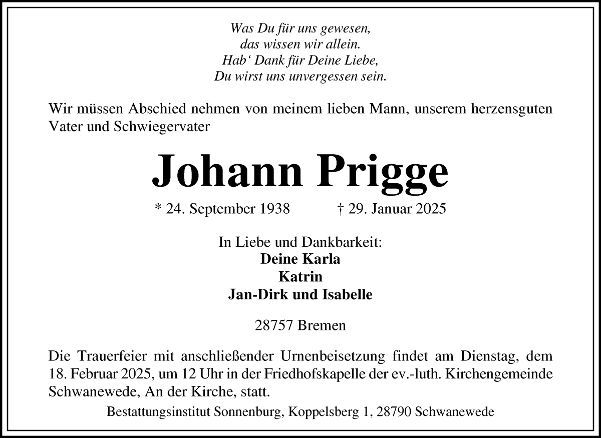 Traueranzeige von Johann Prigge von Die Norddeutsche