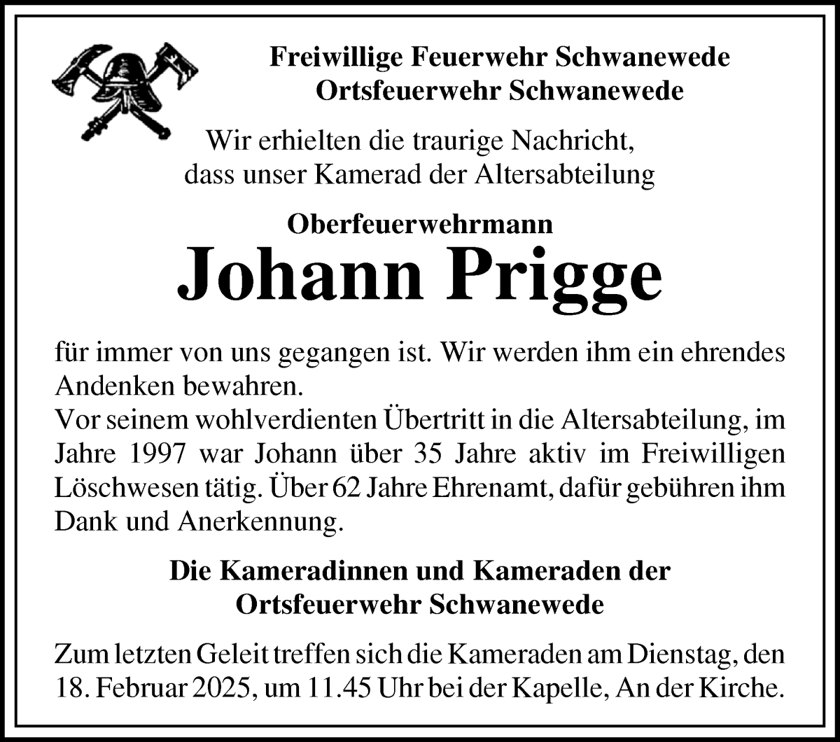 Traueranzeige von Johann Prigge von Die Norddeutsche