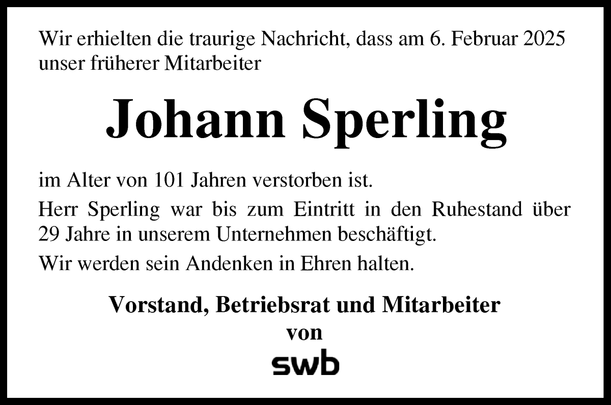 Traueranzeige von Johann Sperling von WESER-KURIER