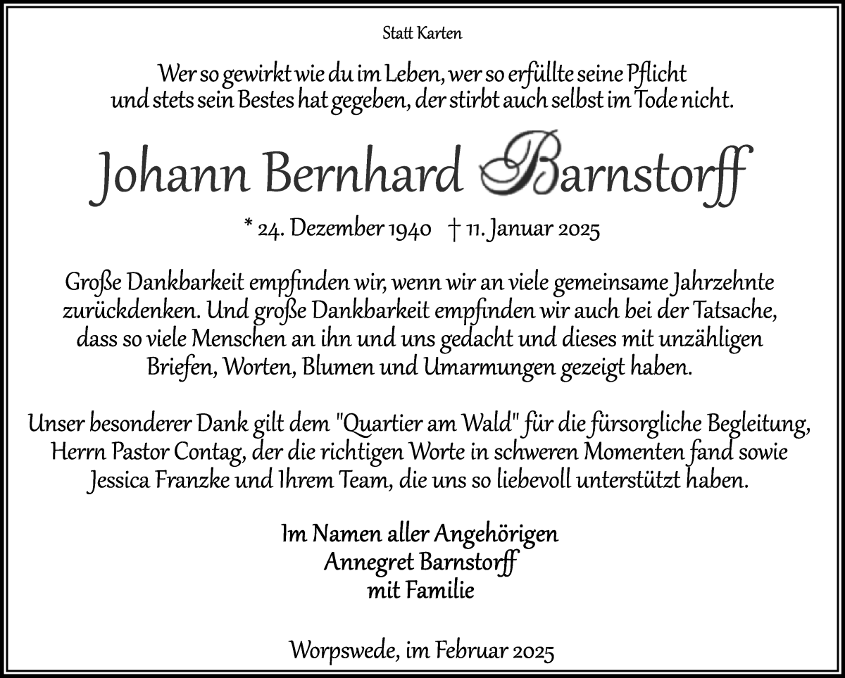 Traueranzeige von Johann Bernhard Barnstorff von Wuemme Zeitung