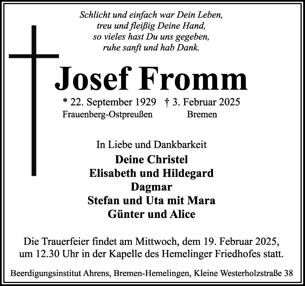 Traueranzeige von Josef Fromm von WESER-KURIER