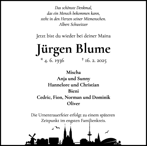 Traueranzeige von Jürgen Blume von WESER-KURIER
