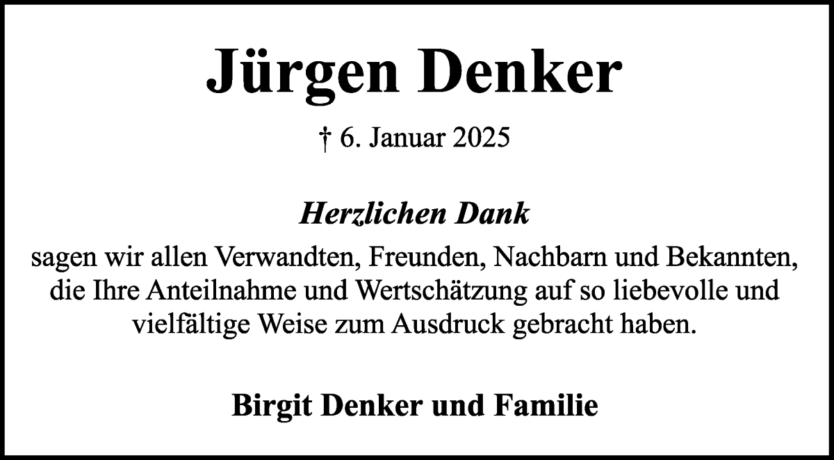 Traueranzeige von Jürgen Denker von WESER-KURIER