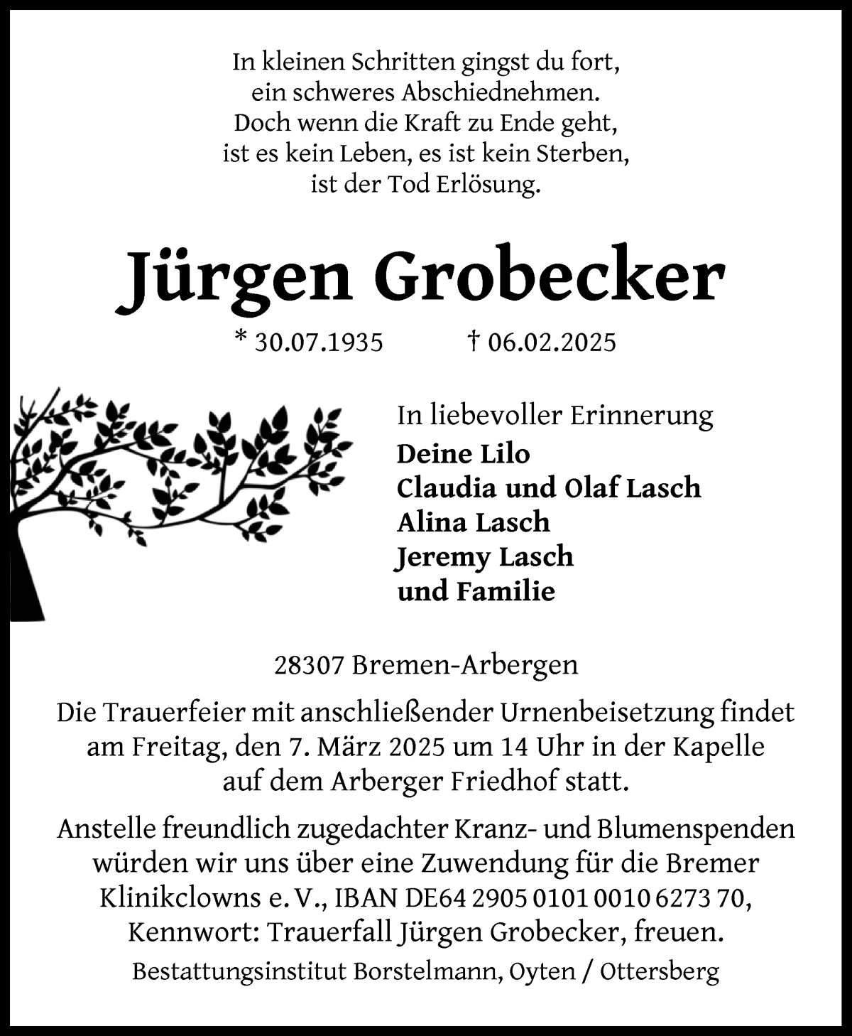 Traueranzeige von Jürgen Grobecker von WESER-KURIER