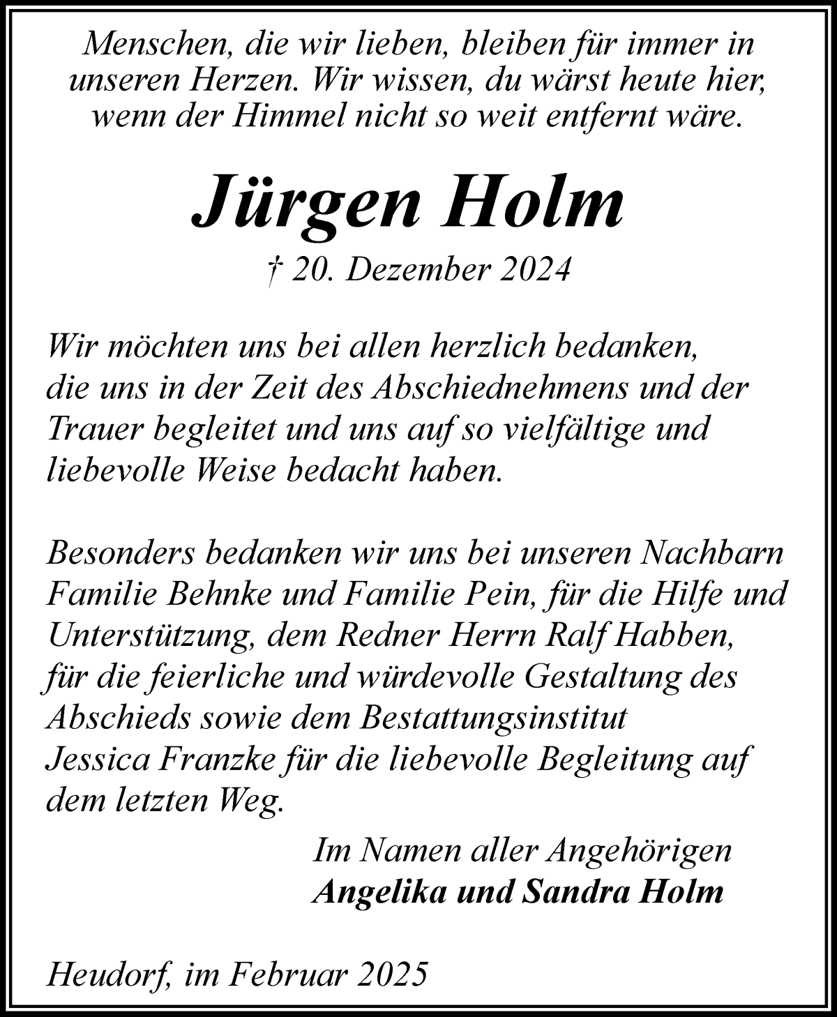 Traueranzeige von Jürgen Holm von Wuemme Zeitung