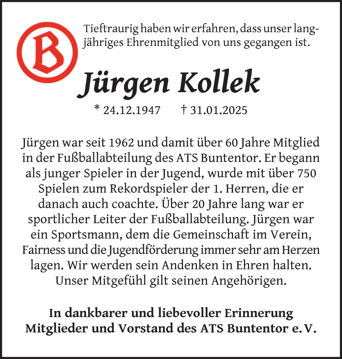 Traueranzeige von Jürgen Kollek von WESER-KURIER