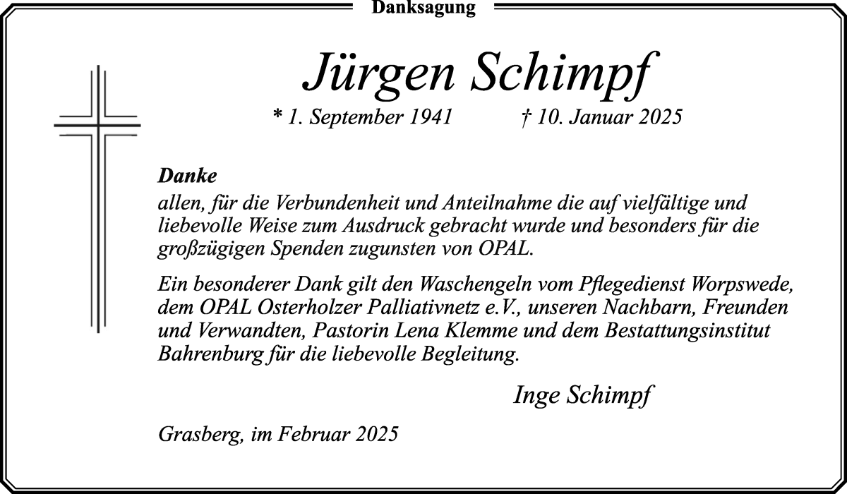 Traueranzeige von Jürgen Schimpf von Wuemme Zeitung