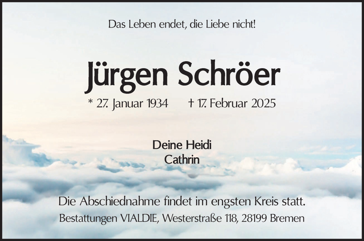 Traueranzeige von Jürgen Schröer von WESER-KURIER