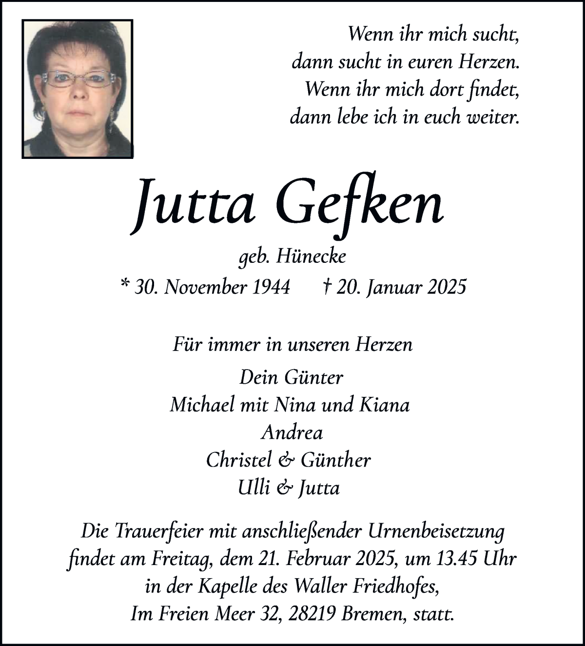 Traueranzeige von Jutta Gefken von WESER-KURIER