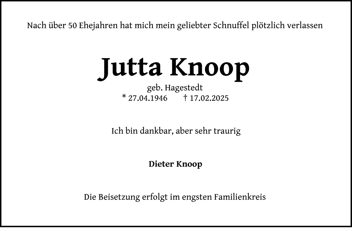 Traueranzeige von Jutta Knoop von WESER-KURIER