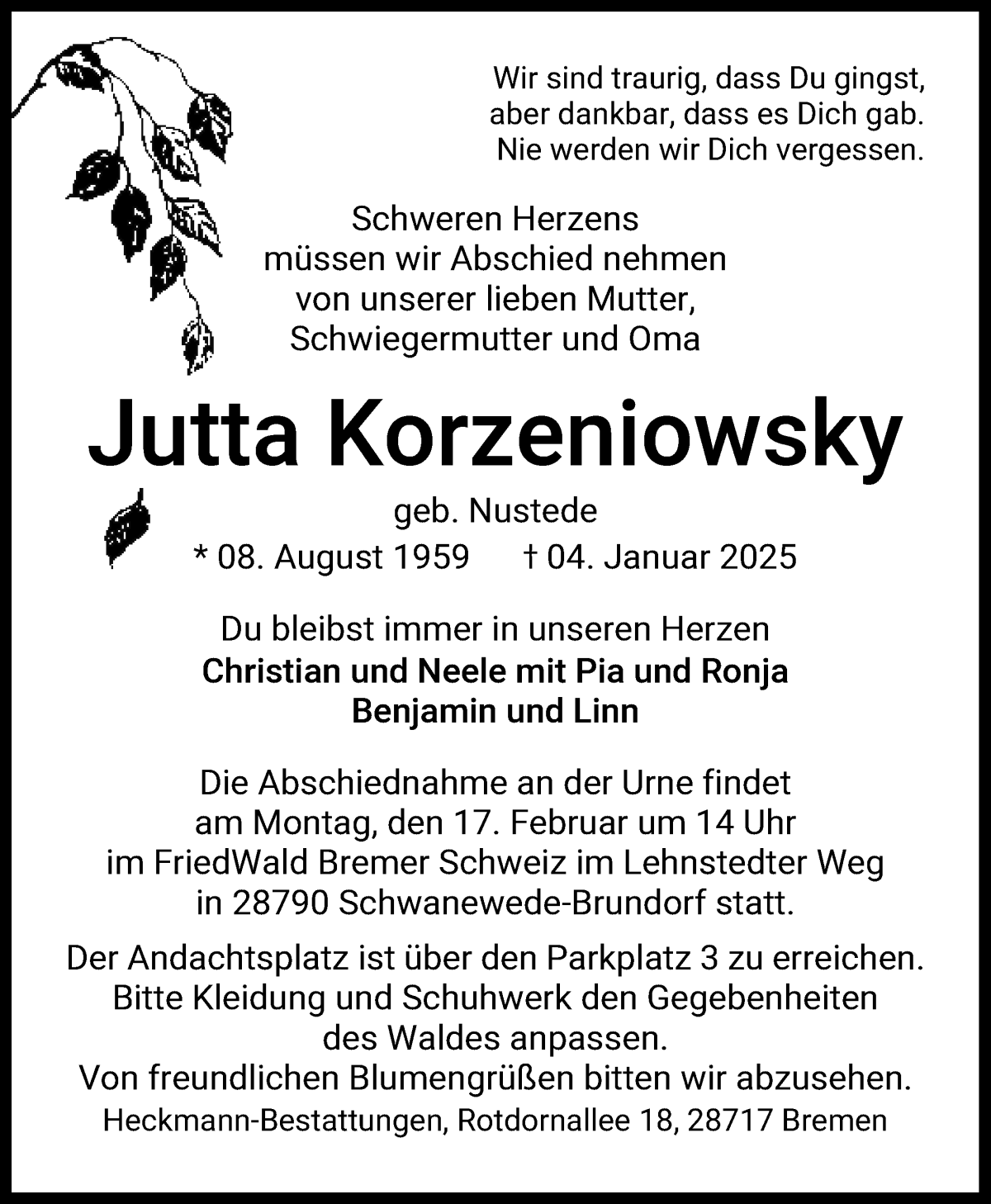 Traueranzeige von Jutta Korzeniowsky von WESER-KURIER