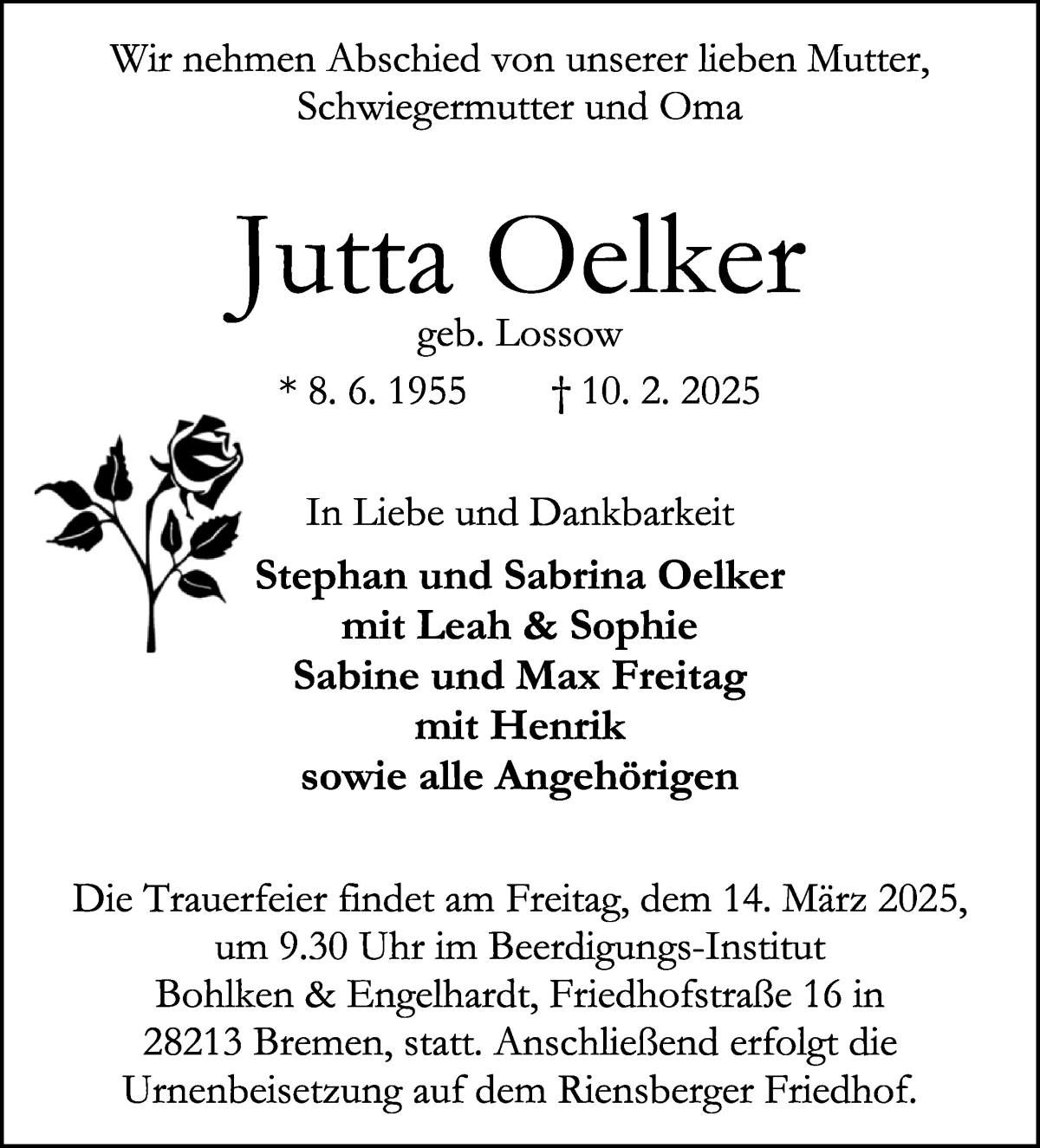 Traueranzeige von Jutta Oelker von Die Norddeutsche