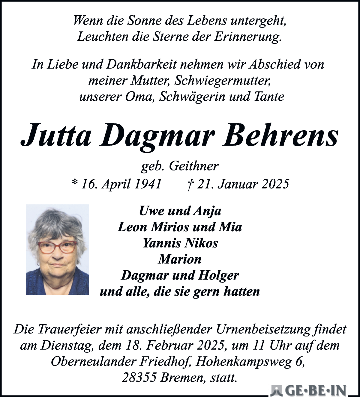 Traueranzeige von Jutta Dagmar Behrens von WESER-KURIER