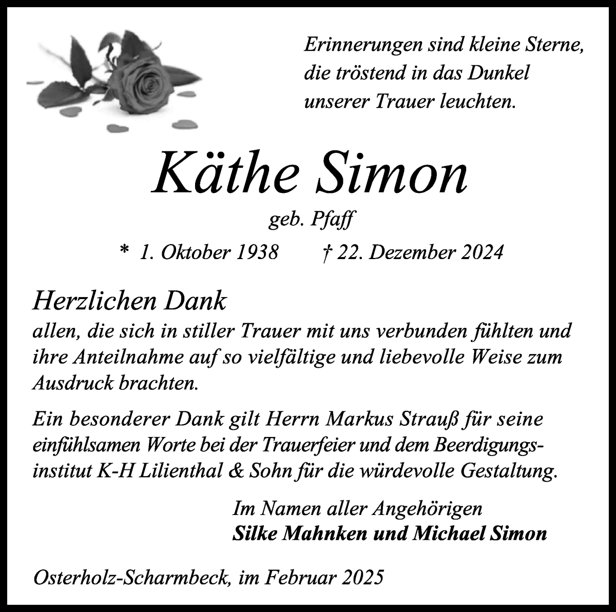 Traueranzeige von Käthe Simon von Osterholzer Kreisblatt
