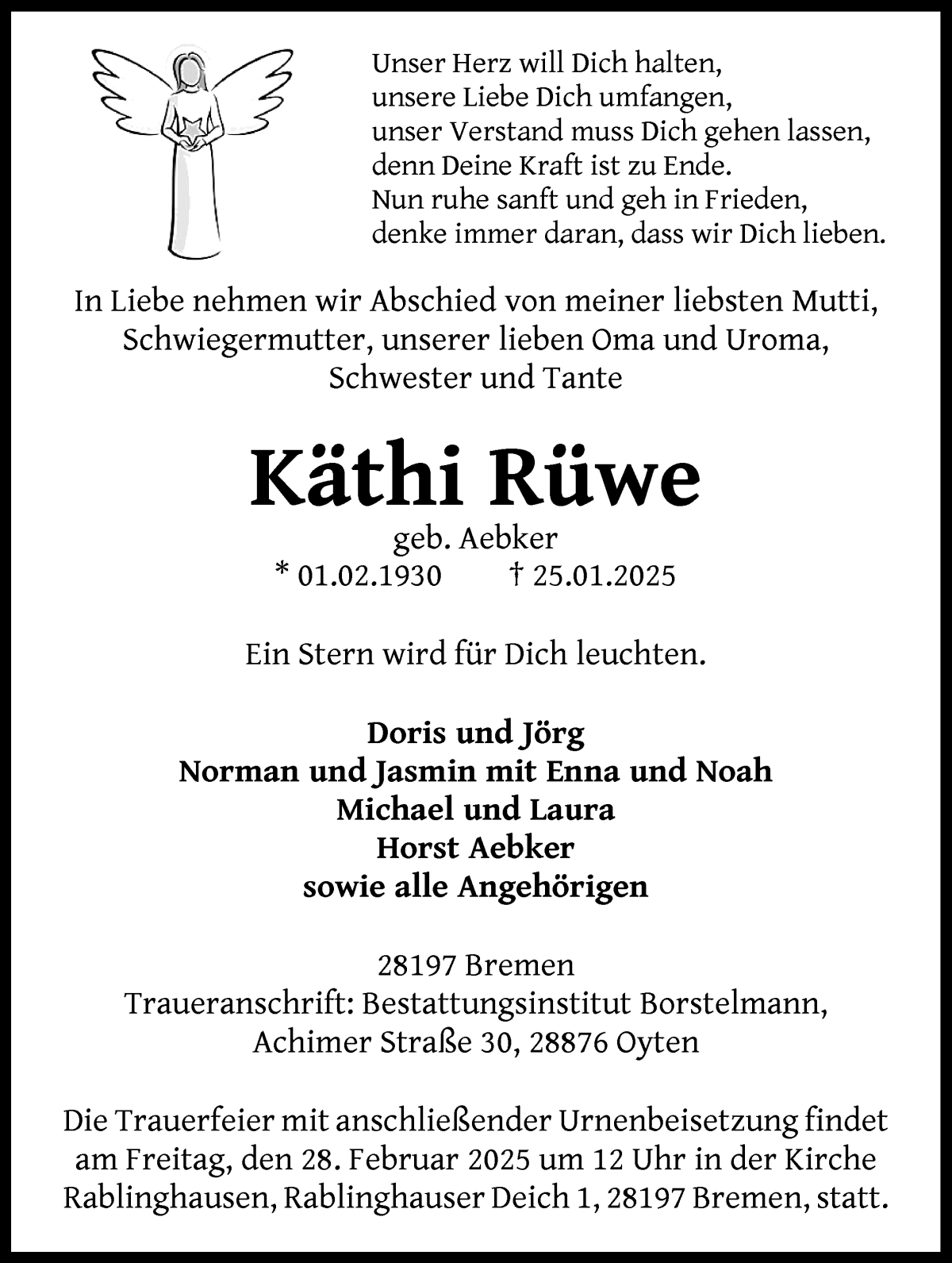 Traueranzeige von Käthi Rüwe von WESER-KURIER