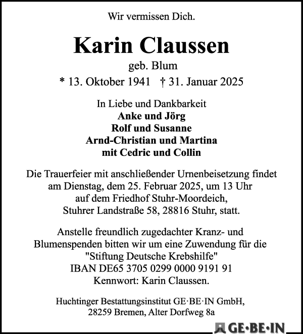 Traueranzeige von Karin Claussen von WESER-KURIER