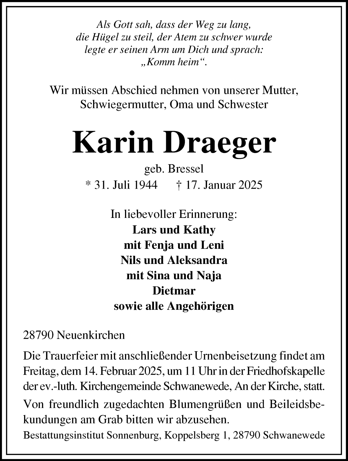 Traueranzeige von Karin Draeger von Die Norddeutsche