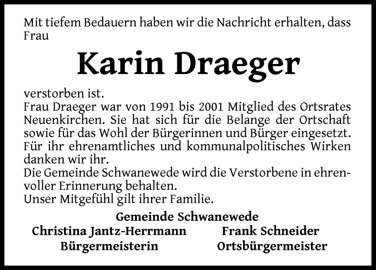 Traueranzeige von Karin Draeger von Die Norddeutsche
