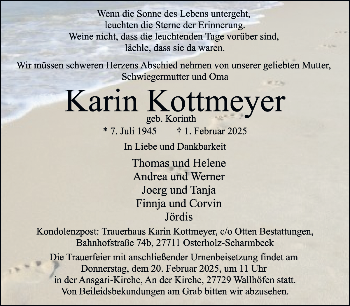 Traueranzeige von Karin Kottmeyer von Osterholzer Kreisblatt