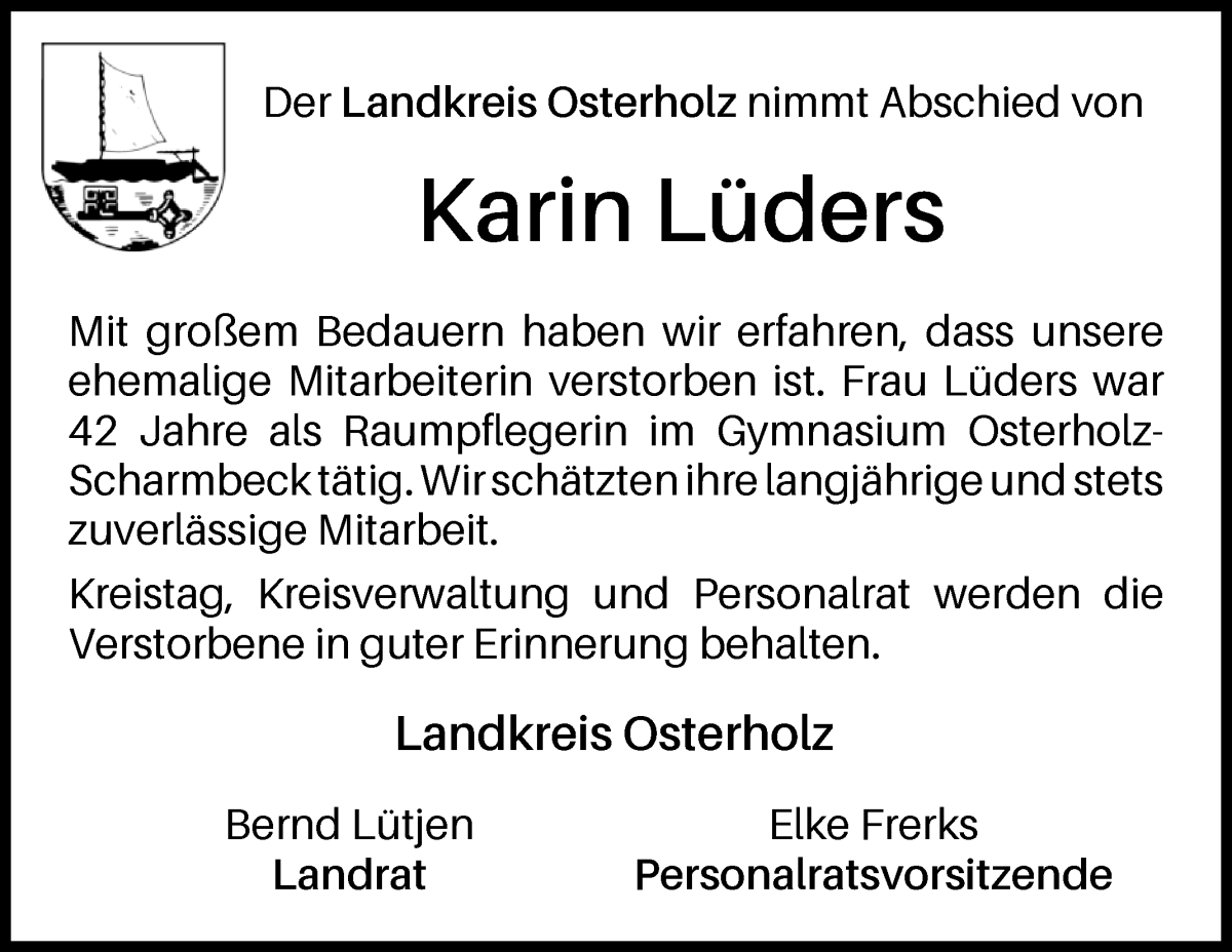 Traueranzeige von Karin Lüders von Osterholzer Kreisblatt