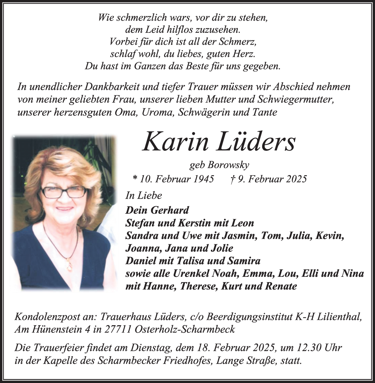 Traueranzeige von Karin Lüders von Osterholzer Kreisblatt