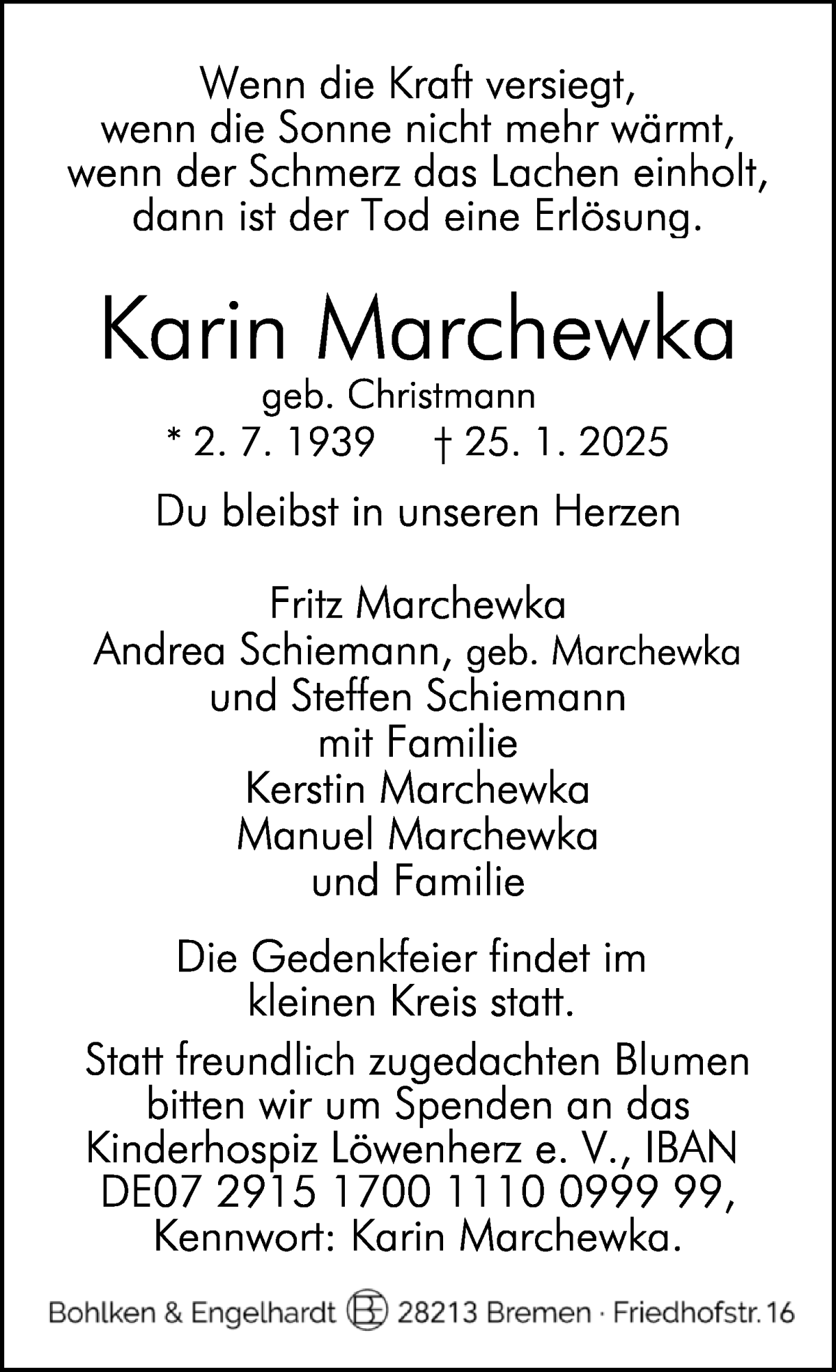 Traueranzeige von Karin Marchewka von WESER-KURIER