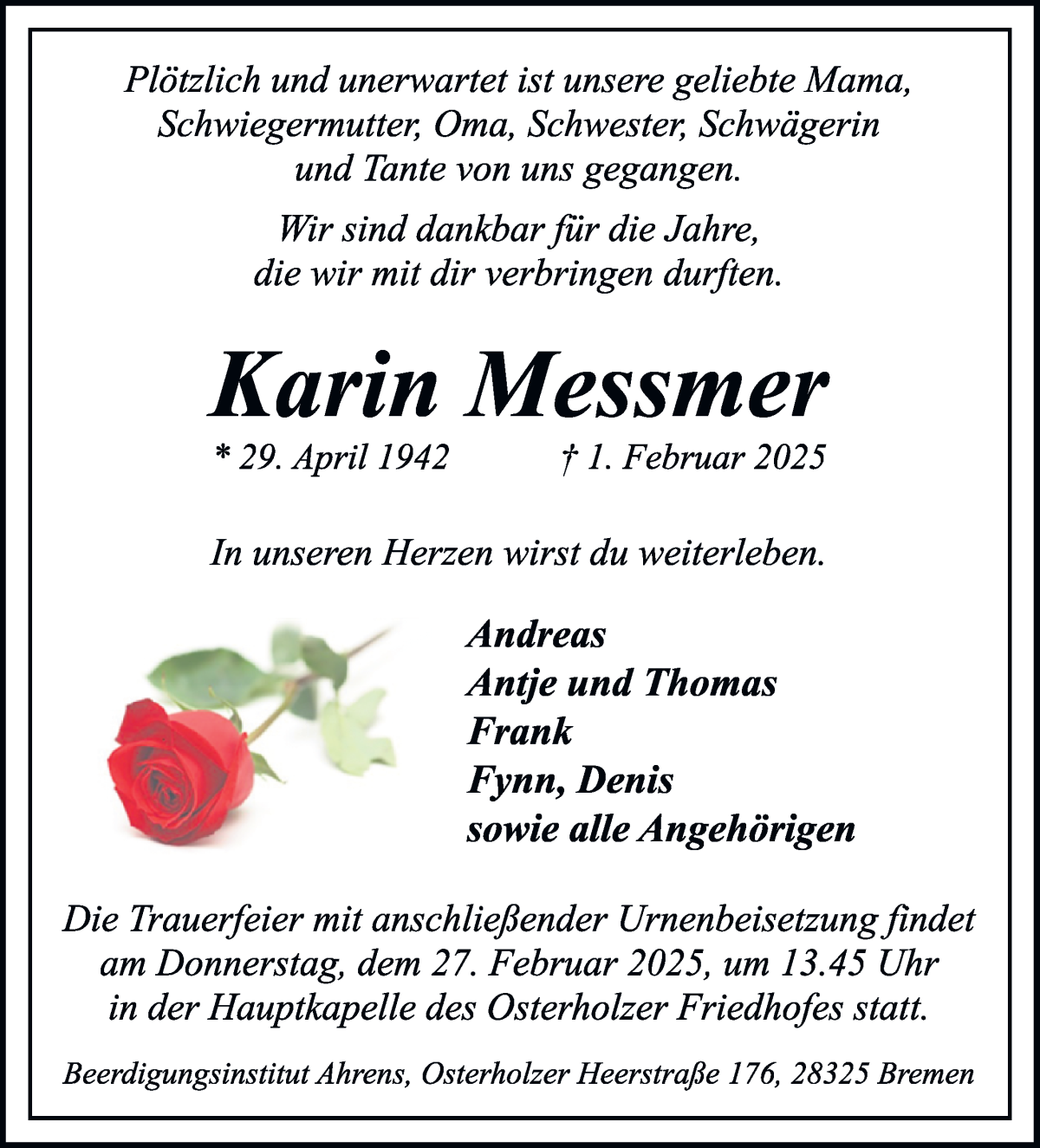Traueranzeige von Karin Messmer von WESER-KURIER