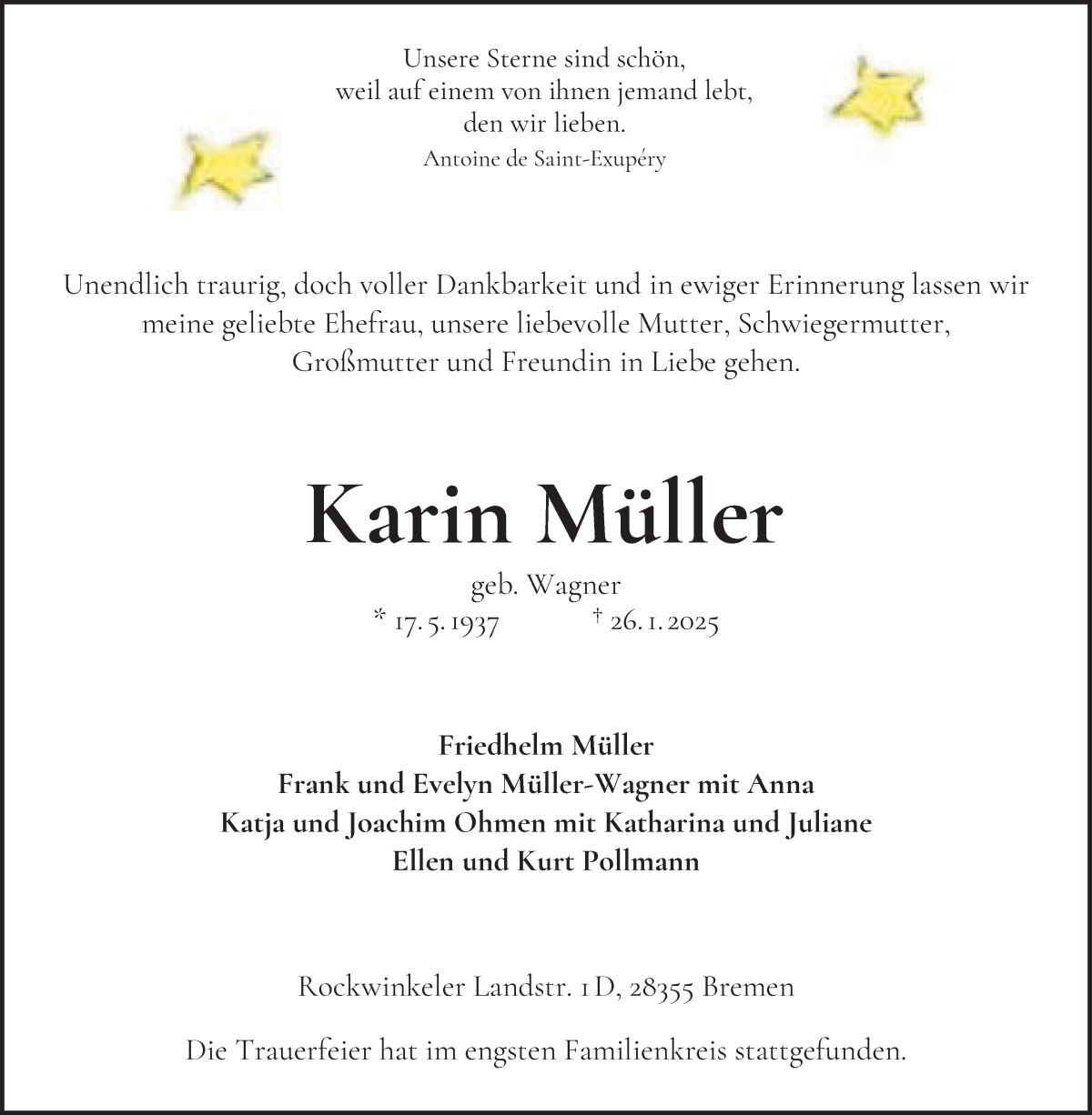 Traueranzeige von Karin Müller von WESER-KURIER