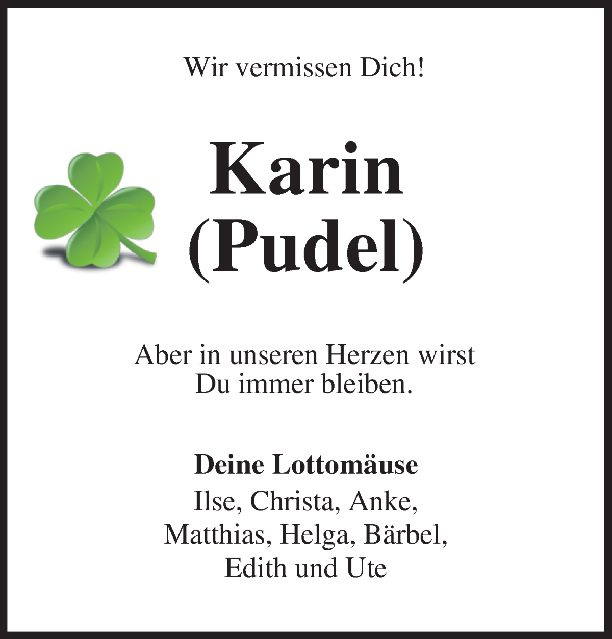 Traueranzeige von Karin Pudelek von Osterholzer Kreisblatt