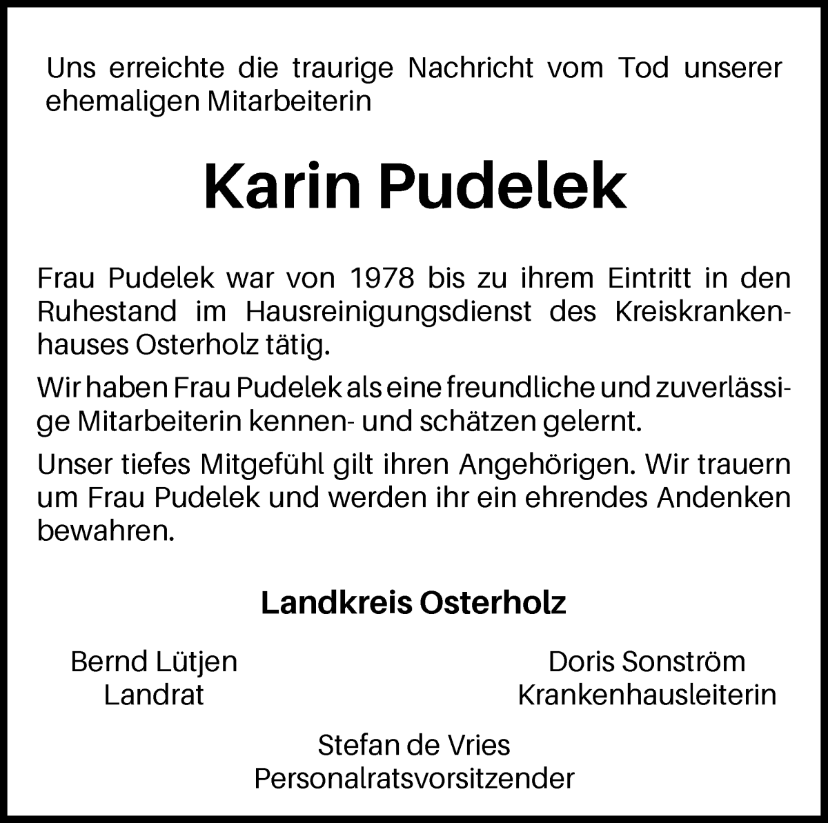 Traueranzeige von Karin Pudelek von Osterholzer Kreisblatt