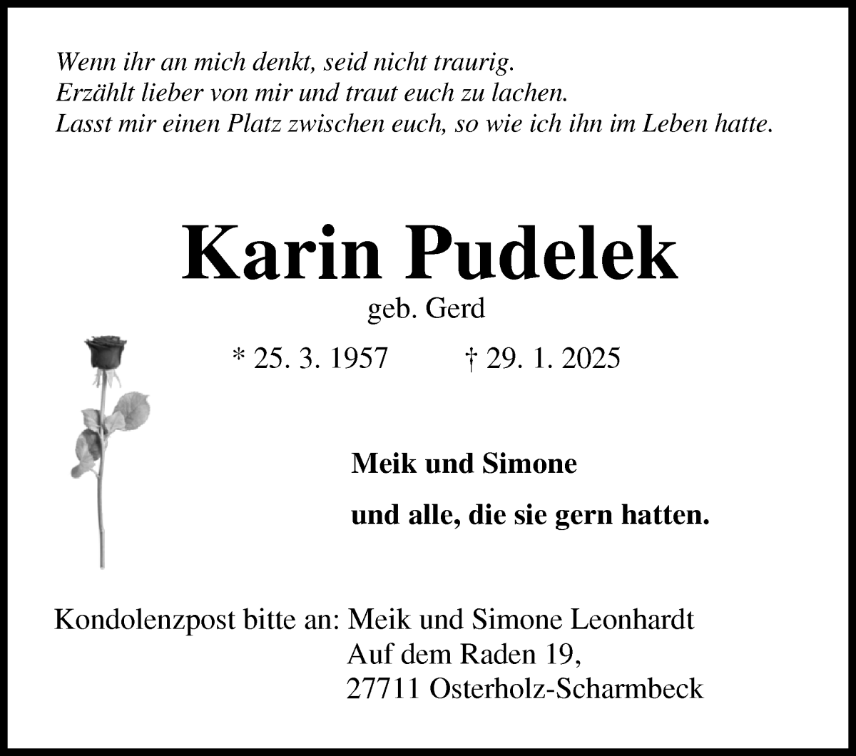 Traueranzeige von Karin Pudelek von Osterholzer Kreisblatt