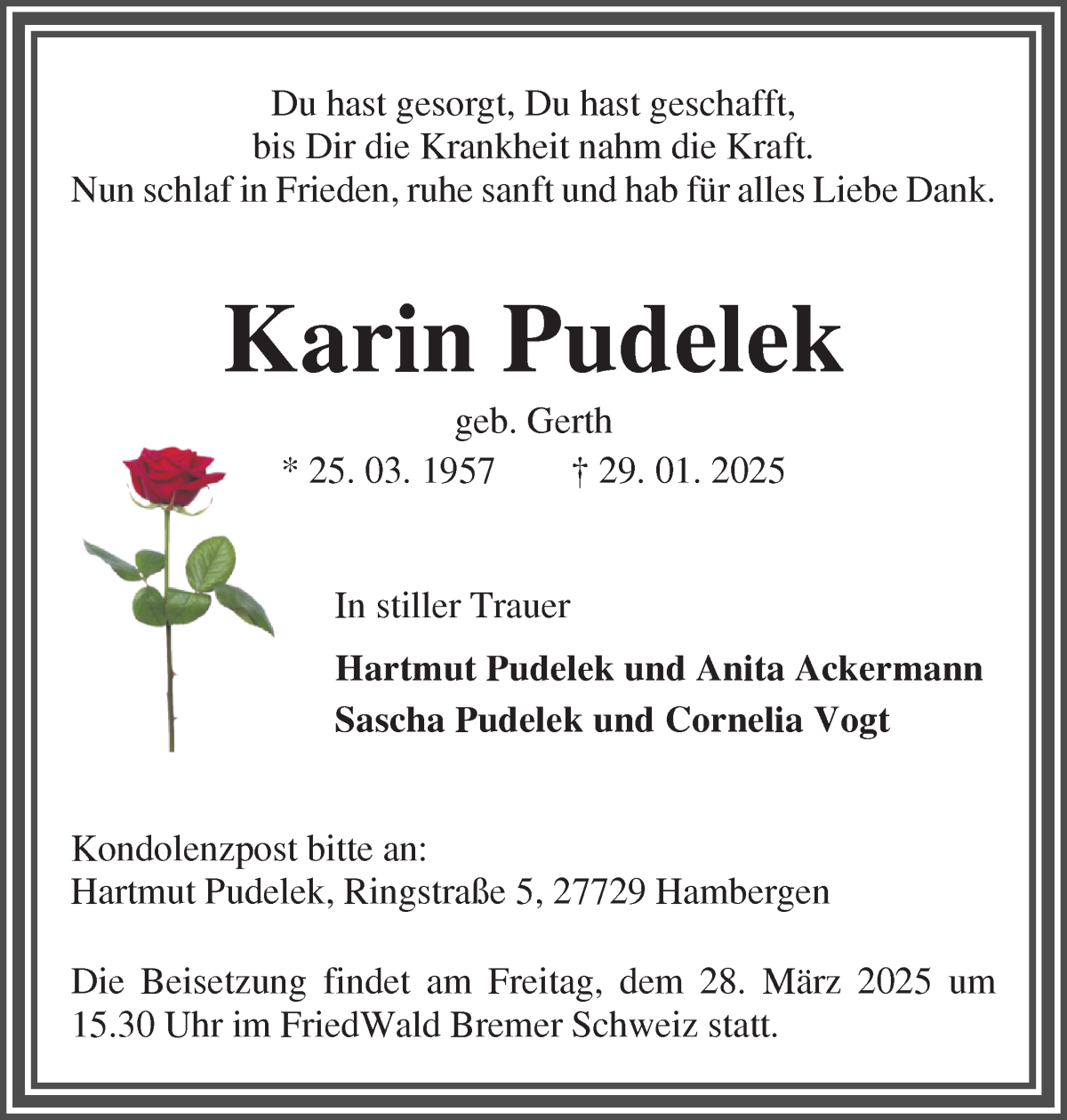 Traueranzeige von Karin Pudelek von Osterholzer Kreisblatt