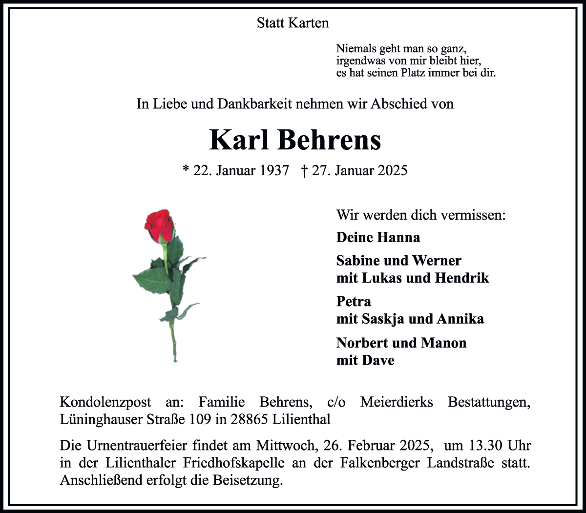 Traueranzeige von Karl Behrens von Wuemme Zeitung