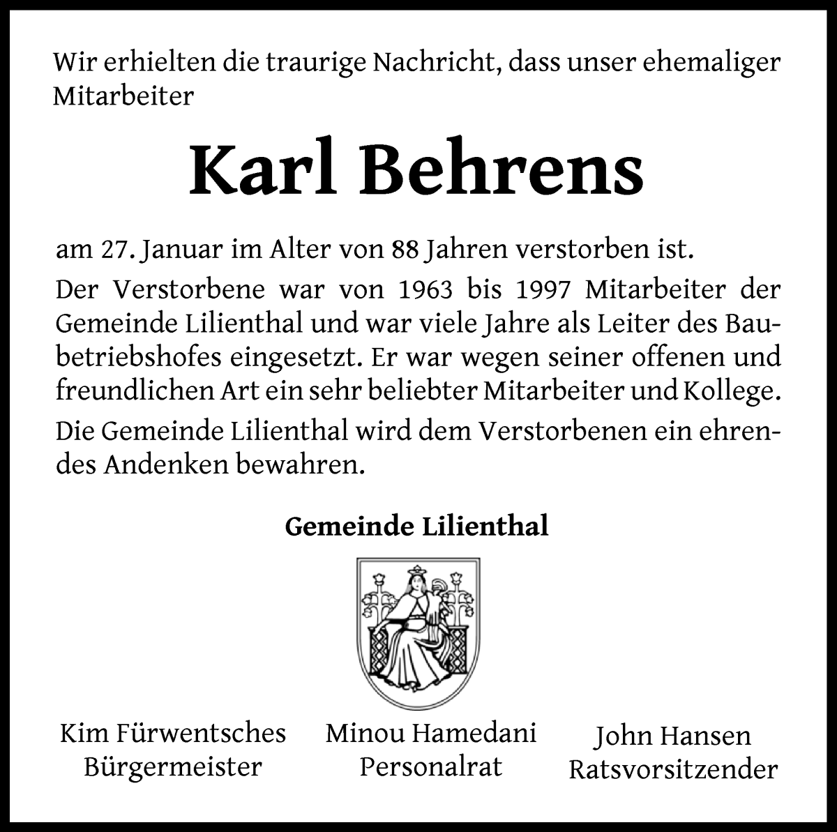 Traueranzeige von Karl Behrens von Wuemme Zeitung