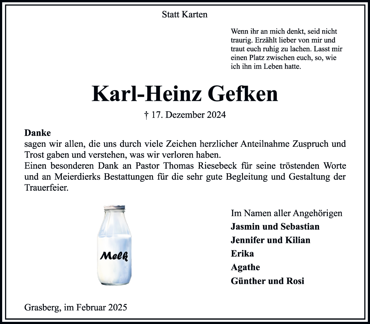 Traueranzeige von Karl-Heinz Gefken von Wuemme Zeitung