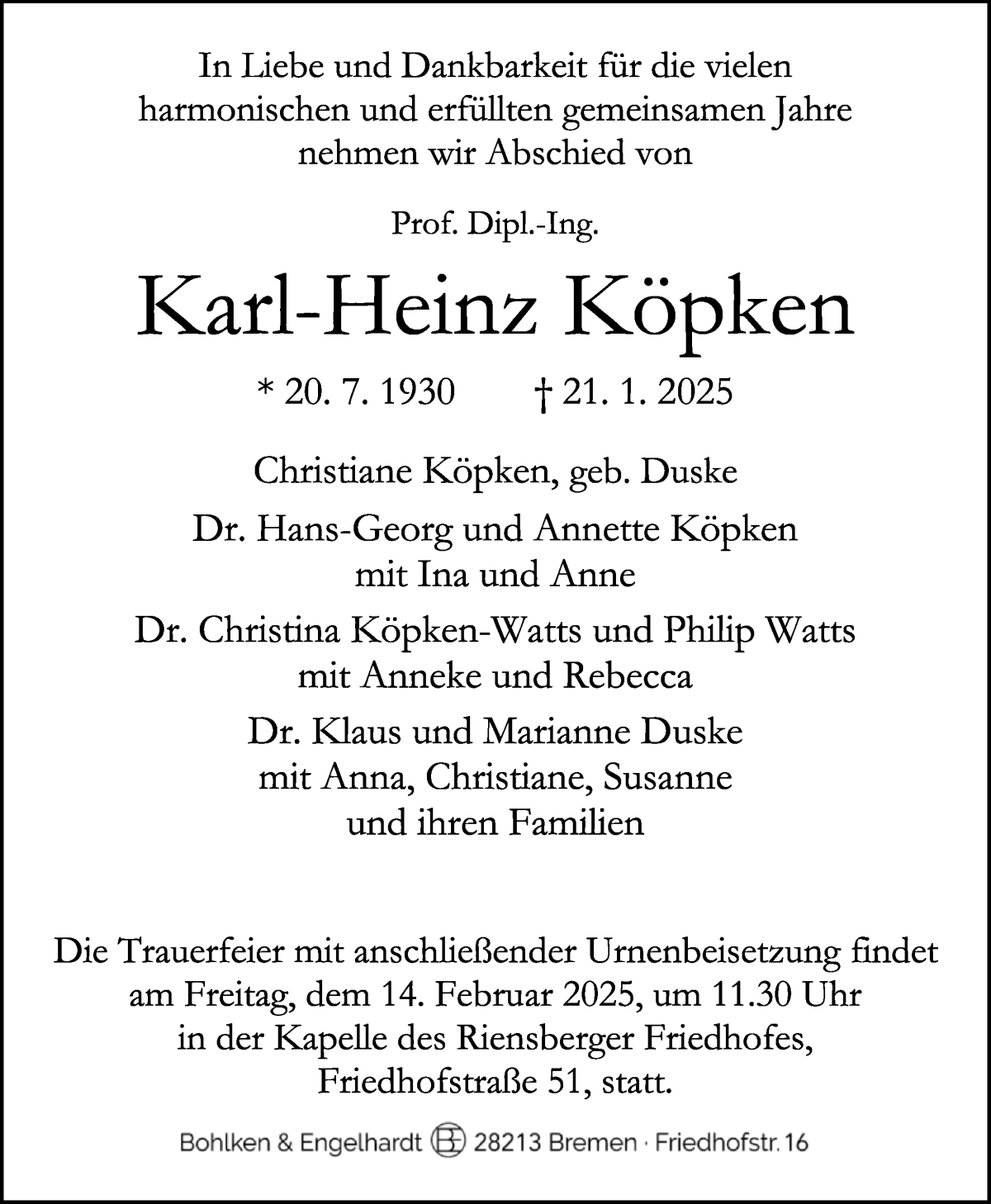 Traueranzeige von Karl-Heinz Köpken von WESER-KURIER