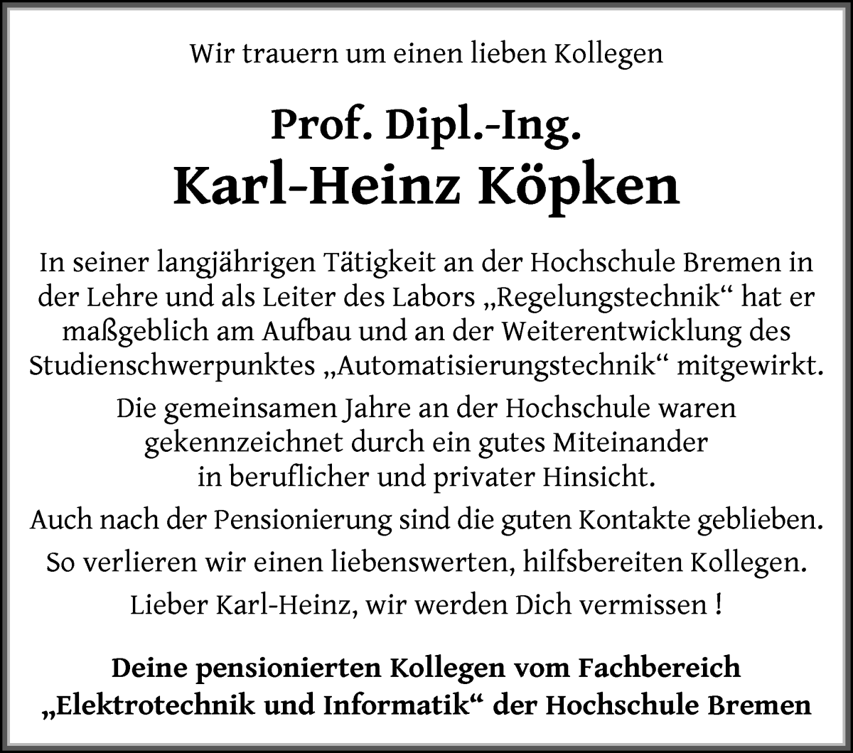Traueranzeige von Karl-Heinz Köpken von WESER-KURIER