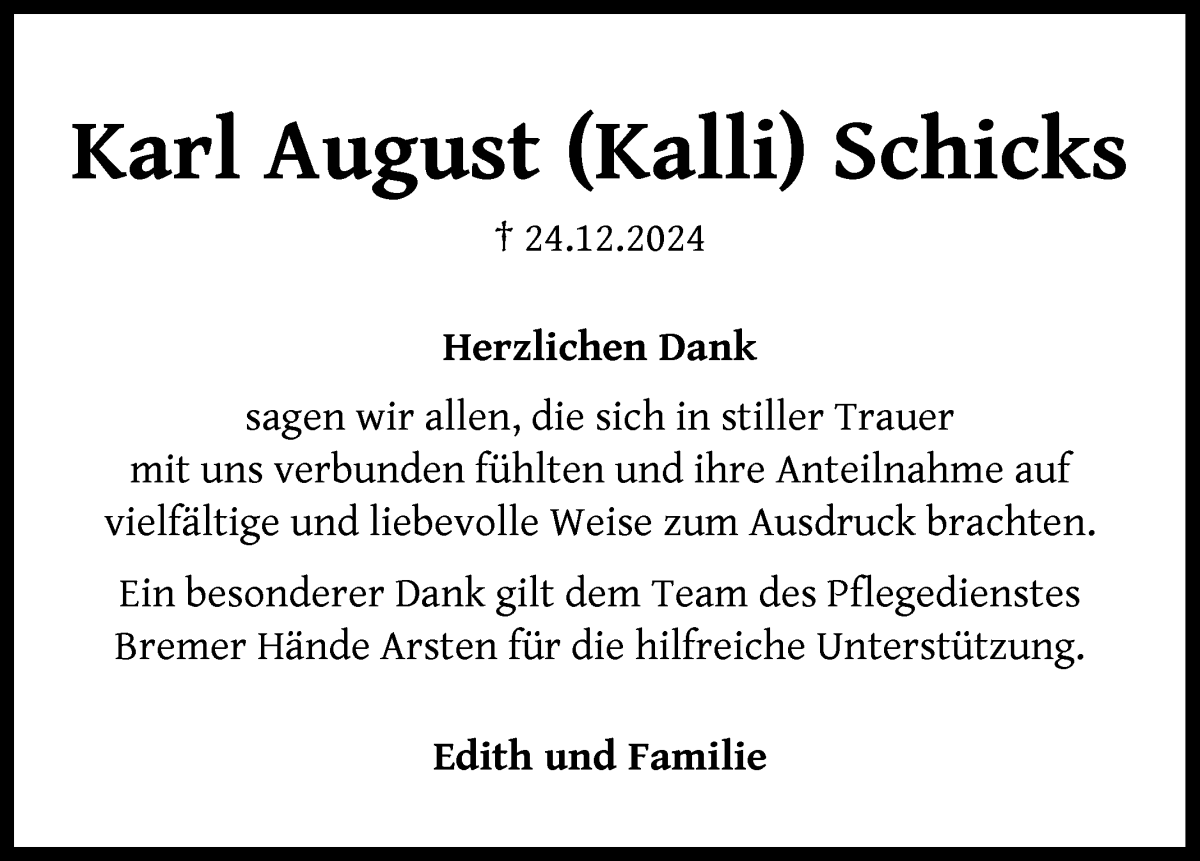 Traueranzeige von Karl August Schicks von WESER-KURIER