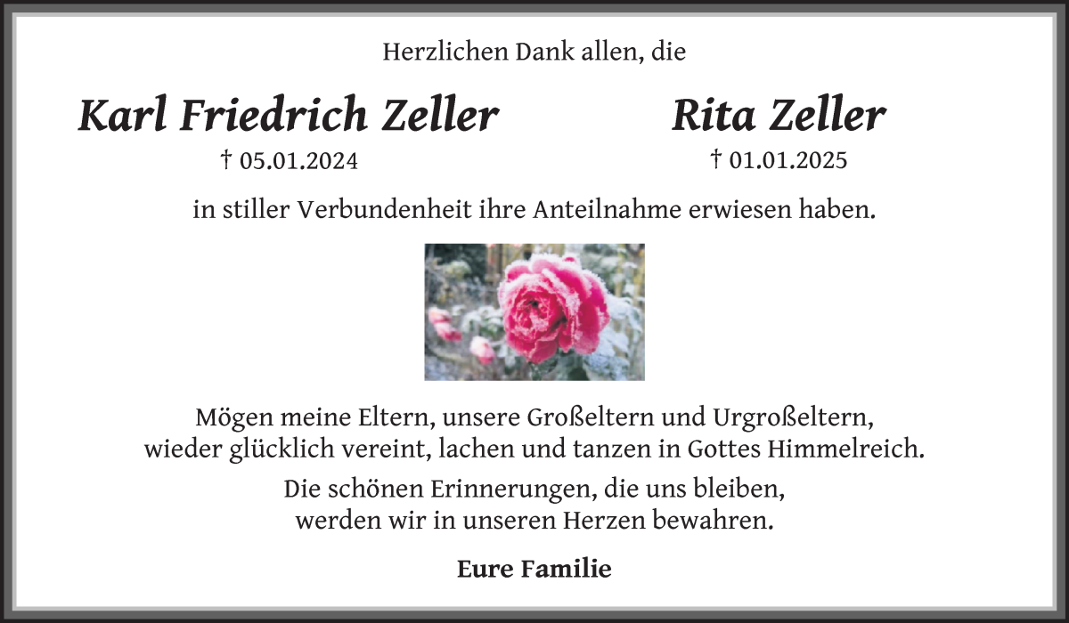 Traueranzeige von Karl Friedrich und Rita Zeller von Die Norddeutsche