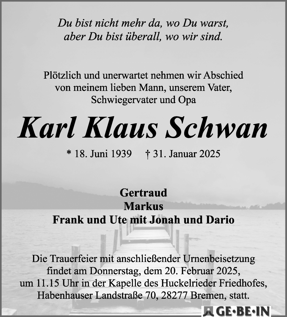 Traueranzeige von Karl Klaus Schwan von WESER-KURIER