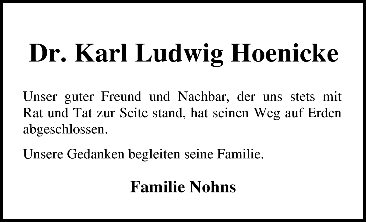 Traueranzeige von Karl Ludwig Hoenicke von Osterholzer Kreisblatt