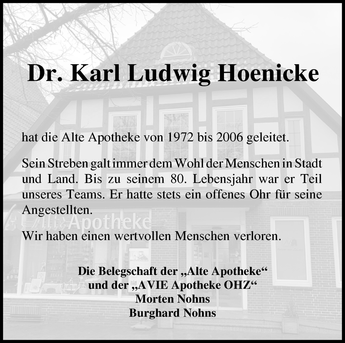 Traueranzeige von Karl Ludwig Hoenicke von Osterholzer Kreisblatt